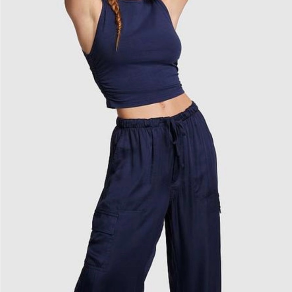 Navy Blue Satin Cargo Pants